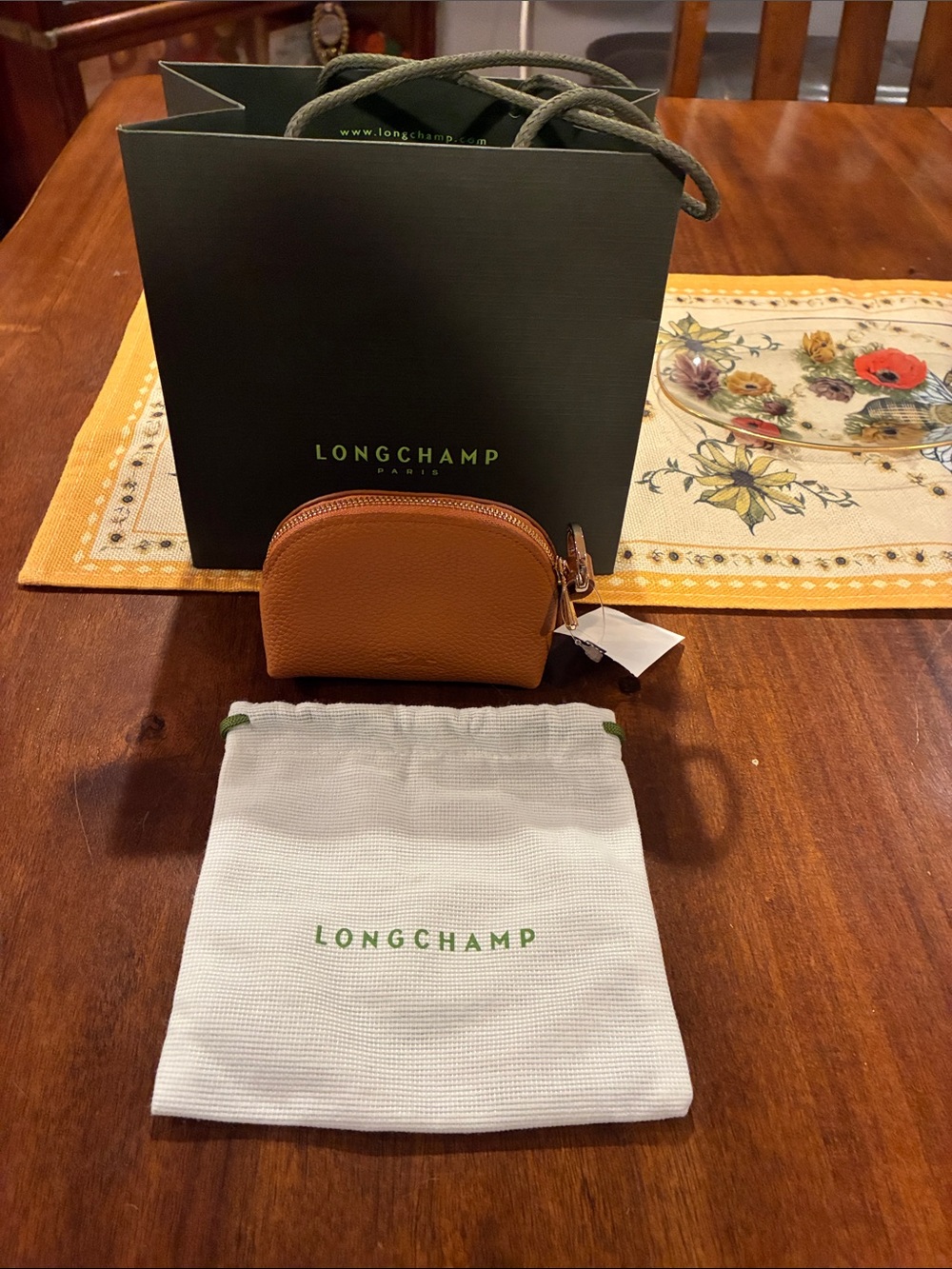 Longchamp Cognac Pebbled Leather Coin Pouch